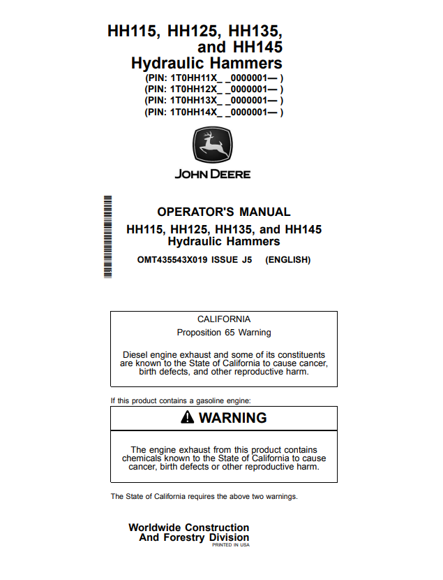 JOHN DEERE HH115, HH125, HH135 AND HH145 HYDRAULIC HAMMER OPERATOR MANUAL OMT435543X019