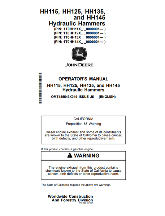 JOHN DEERE HH115, HH125, HH135 AND HH145 HYDRAULIC HAMMER OPERATOR MANUAL OMT435543X019