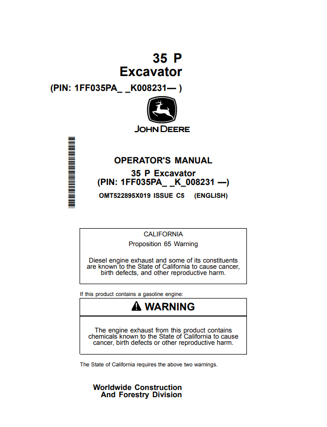 JOHN DEERE 35 P EXCAVATOR OPERATOR MANUAL OMT522895X019