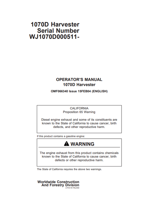 JOHN DEERE 1070D HARVESTER OPERATOR MANUAL OMF066340