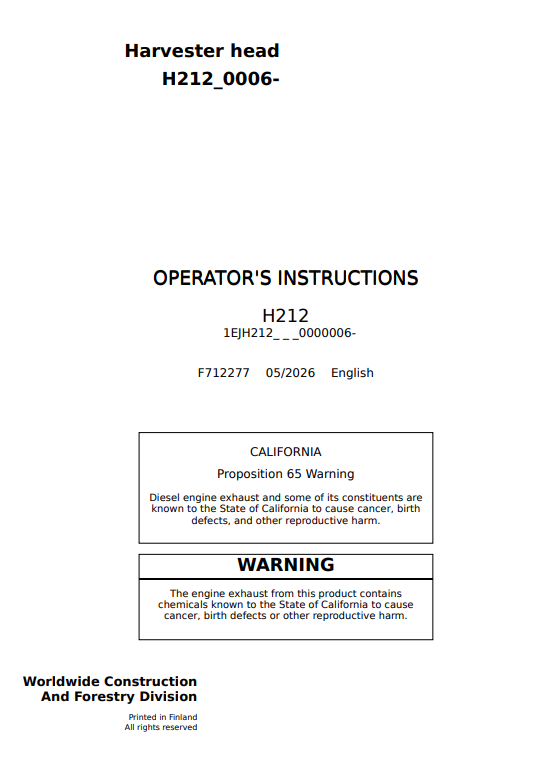 JOHN DEERE H212 HARVESTER HEAD OPERATOR INSTRUCTION MANUAL F712277