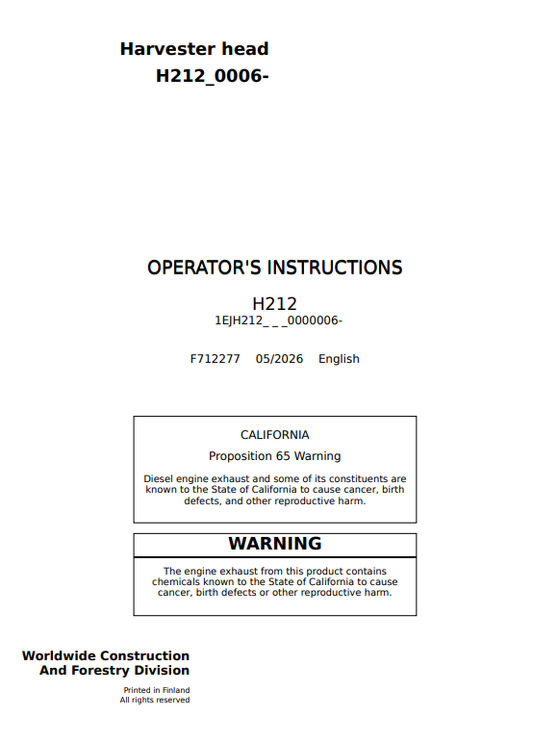 JOHN DEERE H212 HARVESTER HEAD OPERATOR INSTRUCTION MANUAL F712277