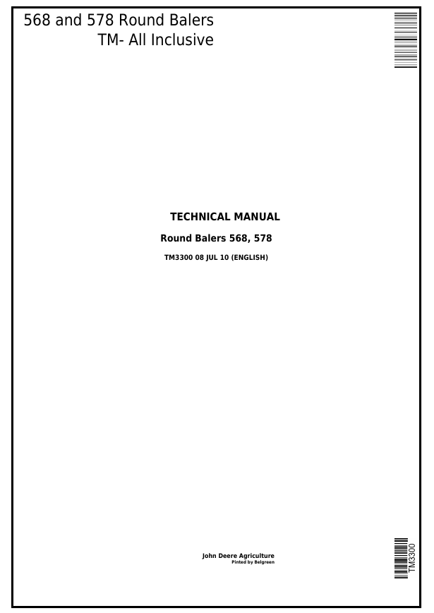 JOHN DEERE 568 AND 578 ROUND BALER TECHNICAL MANUAL TM3300