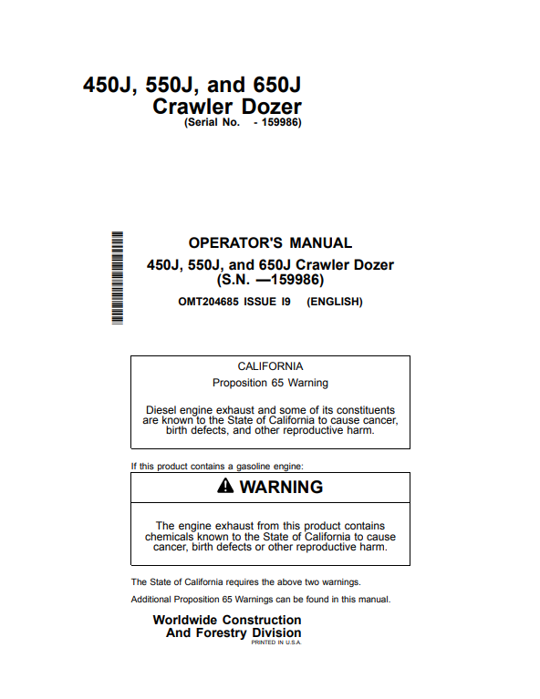 JOHN DEERE 450J, 550J, AND 650J CRAWLER DOZER OPERATOR MANUAL OMT204685