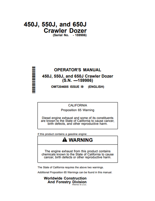 JOHN DEERE 450J, 550J, AND 650J CRAWLER DOZER OPERATOR MANUAL OMT204685