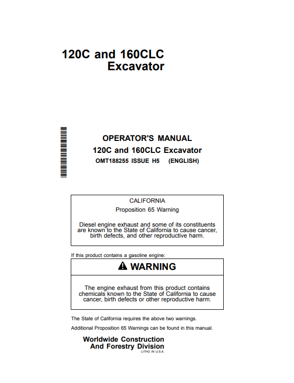 JOHN DEERE 120C AND 160CLC EXCAVATOR OPERATOR MANUAL OMT188255
