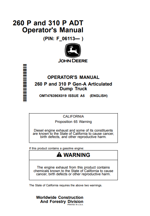 JOHN DEERE 260 P AND 310 P GEN-A ARTICULATED DUMP TRUCK OPERATOR MANUAL OMT476390X019