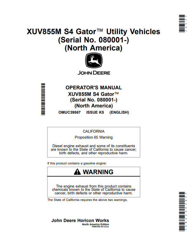 JOHN DEERE XUV855M S4 GATOR™ UTILITY VEHICLES OPERATOR MANUAL OMUC39567