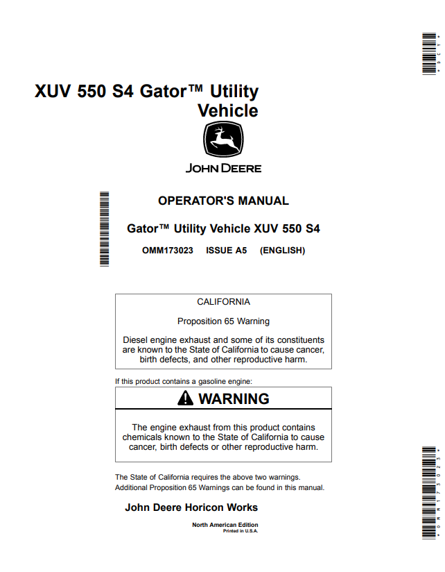 JOHN DEERE XUV 550 S4 GATOR™ UTILITY VEHICLE OPERATOR MANUAL OMM173023