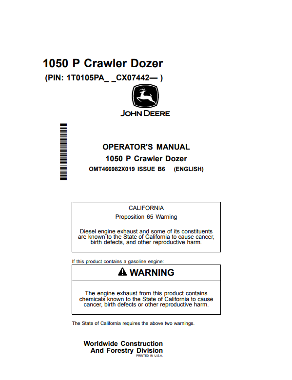 JOHN DEERE 1050 P CRAWLER DOZER OPERATOR MANUAL OMT466982X019