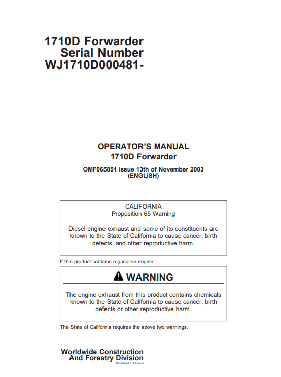 JOHN DEERE 1710D FORWARDER OPERATOR MANUAL OMF065851