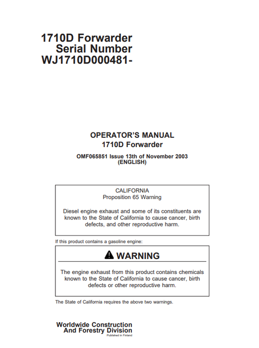 JOHN DEERE 1710D FORWARDER OPERATOR MANUAL OMF065851