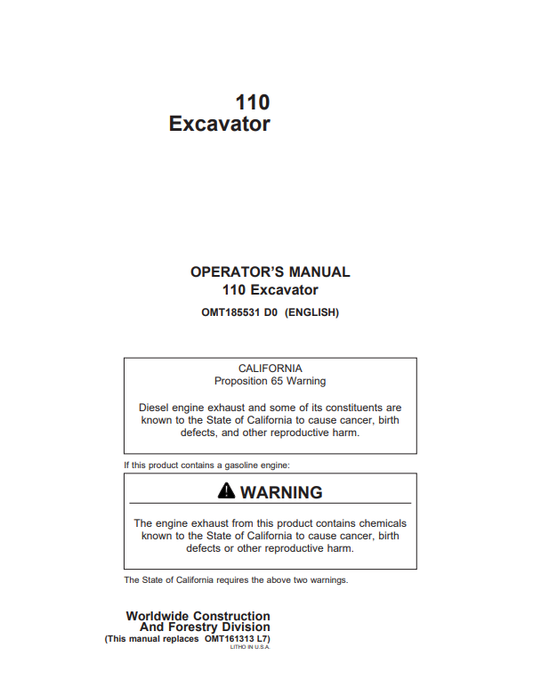 JOHN DEERE 110 EXCAVATOR OPERATOR MANUAL OMT185531