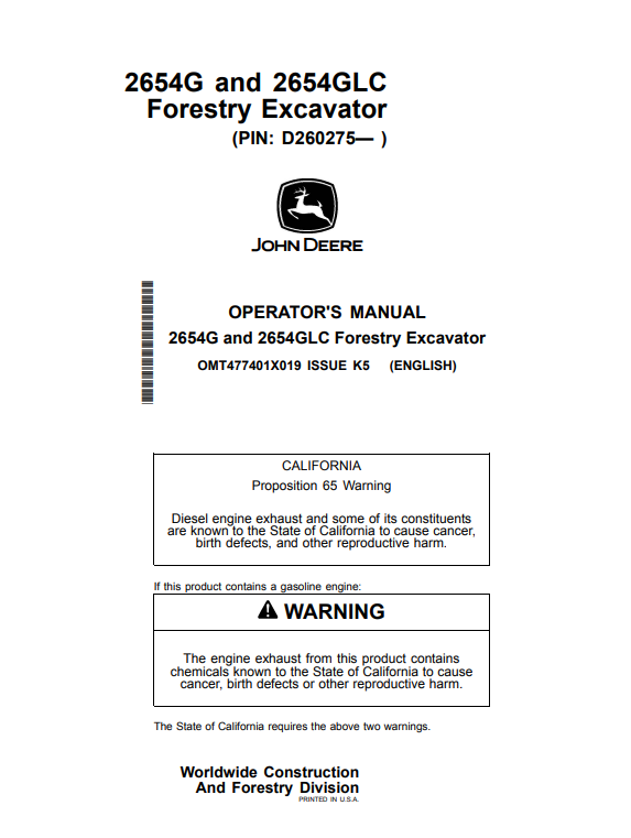 JOHN DEERE 2654G AND 2654GLC FORESTRY EXCAVATOR OPERATOR MANUAL OMT477401X019