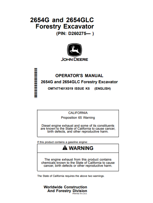 JOHN DEERE 2654G AND 2654GLC FORESTRY EXCAVATOR OPERATOR MANUAL OMT477401X019