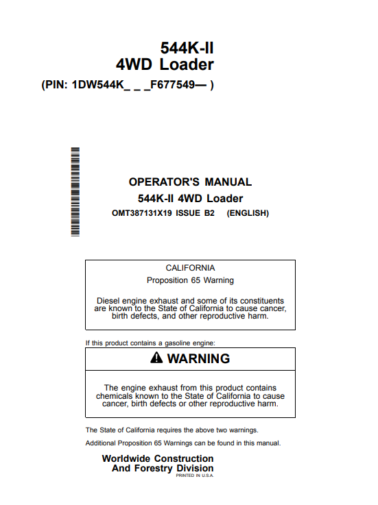 JOHN DEERE 544K-II 4WD LOADER OPERATOR MANUAL OMT387131X19