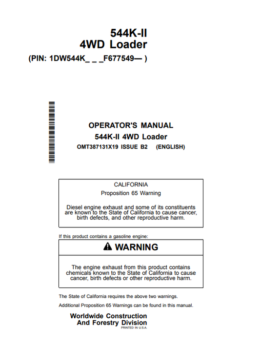 JOHN DEERE 544K-II 4WD LOADER OPERATOR MANUAL OMT387131X19