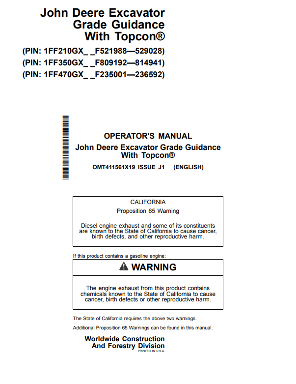 JOHN DEERE 210G, 210GLC, 350GLC, 470GLC EXCAVATOR GRADE GUIDANCE WITH TOPCON® OPERATOR MANUAL OMT411561X19