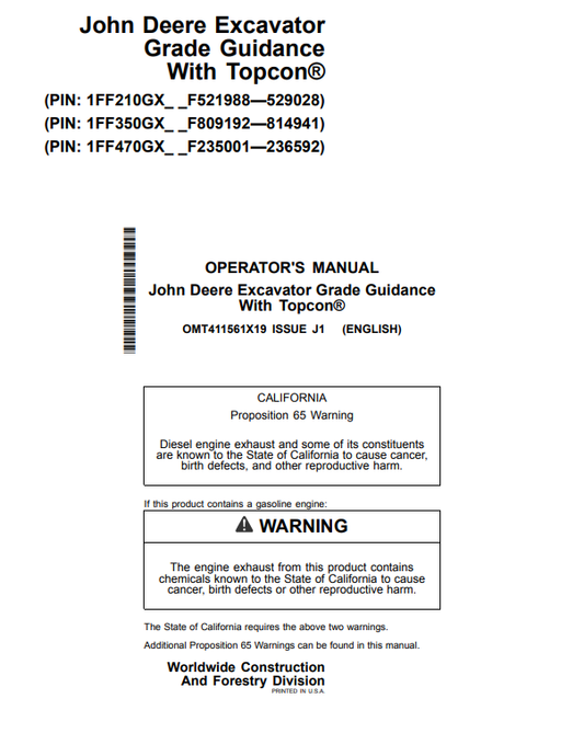 JOHN DEERE 210G, 210GLC, 350GLC, 470GLC EXCAVATOR GRADE GUIDANCE WITH TOPCON® OPERATOR MANUAL OMT411561X19
