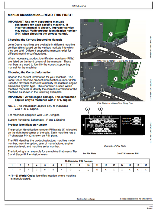 JOHN DEERE 2654G AND 2654GLC FORESTRY EXCAVATOR OPERATOR MANUAL OMT477401X019