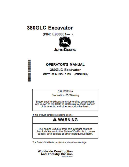 JOHN DEERE 380GLC EXCAVATOR OPERATOR MANUAL OMT310294