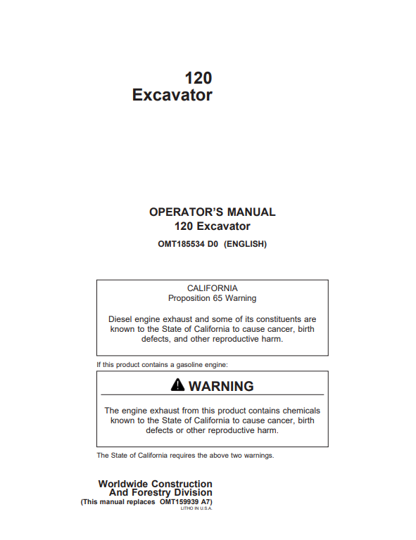 JOHN DEERE 120 EXCAVATOR OPERATOR MANUAL OMT185534