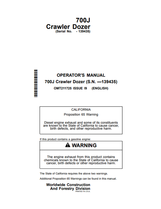JOHN DEERE 700J CRAWLER DOZER OPERATOR MANUAL OMT211725