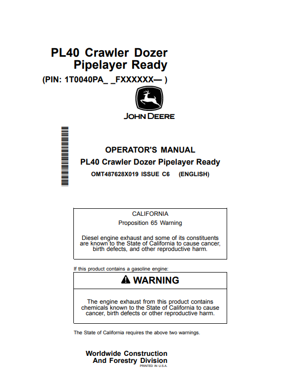 JOHN DEERE PL40 CRAWLER DOZER PIPELAYER READY OPERATOR MANUAL OMT487628X019