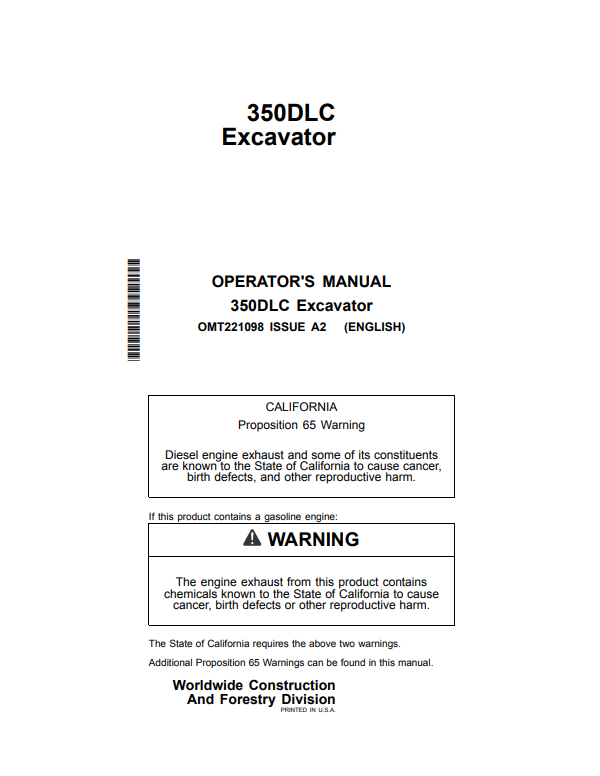 JOHN DEERE 350DLC EXCAVATOR OPERATOR MANUAL OMT221098