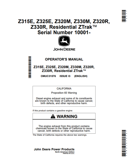 JOHN DEERE Z315E, Z325E, Z320M, Z330M, Z320R, Z330R, RESIDENTIAL ZTRAK™ OPERATOR MANUAL OMUC31576
