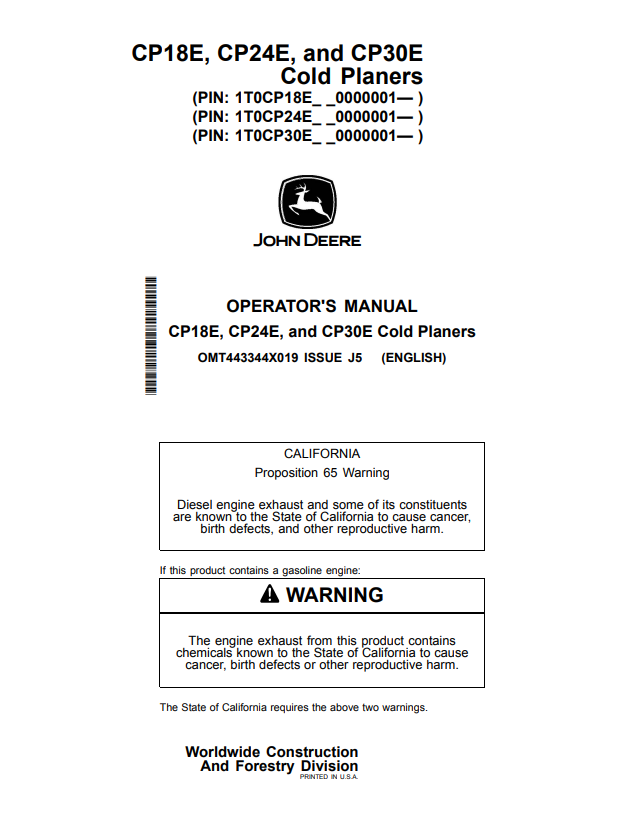 JOHN DEERE CP18E, CP24E, AND CP30E COLD PLANER OPERATOR MANUAL OMT443344X019