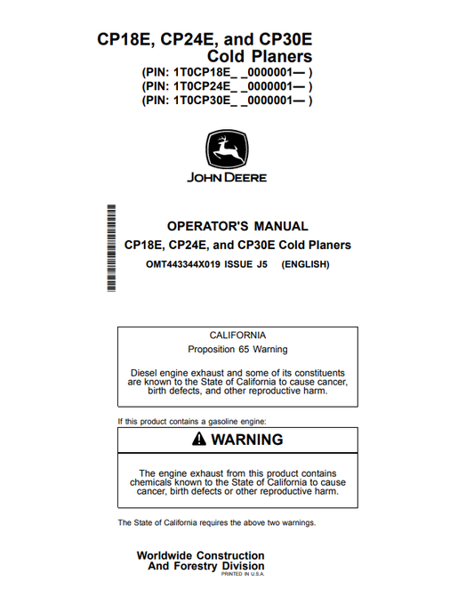 JOHN DEERE CP18E, CP24E, AND CP30E COLD PLANER OPERATOR MANUAL OMT443344X019