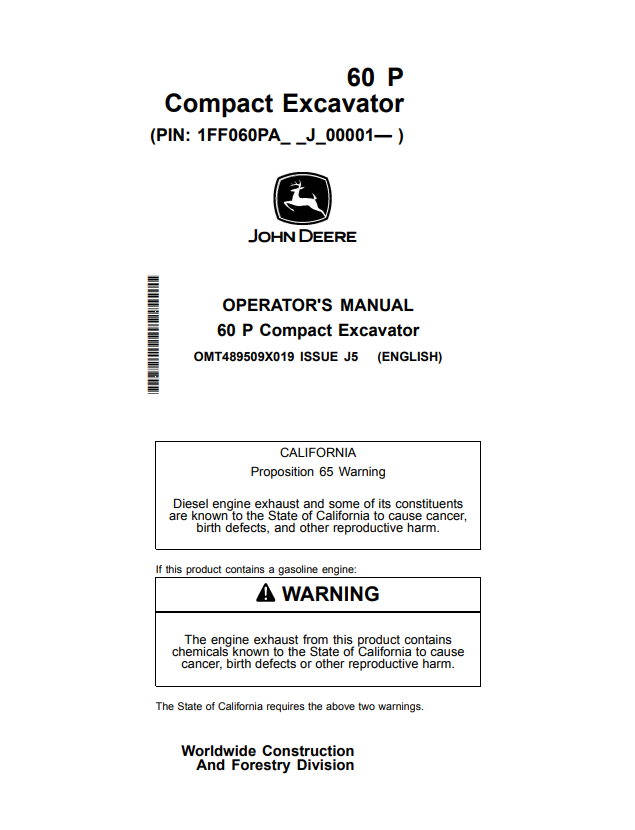 JOHN DEERE 60 P COMPACT EXCAVATOR OPERATOR MANUAL OMT489509X019