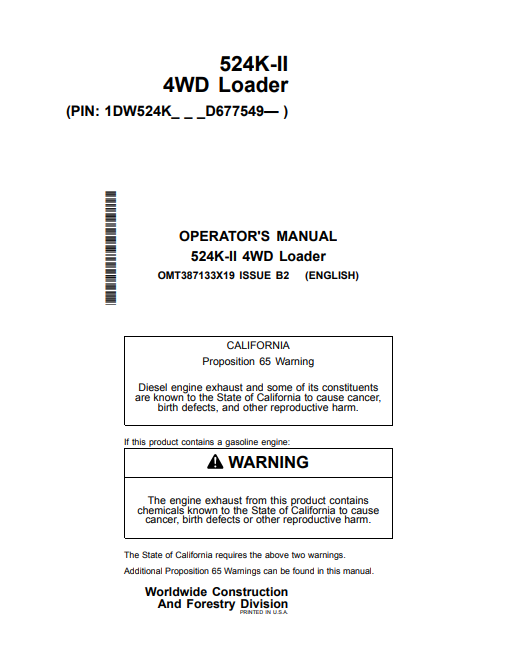 JOHN DEERE 524K-II 4WD LOADER OPERATOR MANUAL OMT387133X19
