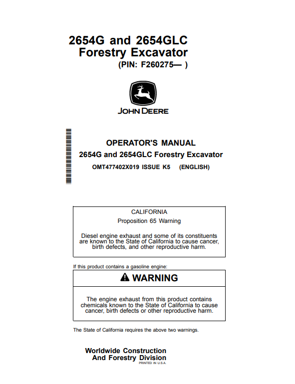 JOHN DEERE 2654G AND 2654GLC FORESTRY EXCAVATOR OPERATOR MANUAL OMT477402X019