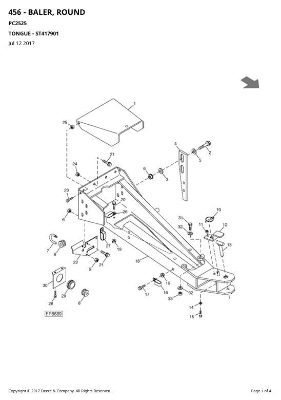 JOHN DEERE 456 - BALER, ROUND PARTS CATALOGUE MANUAL PC2525