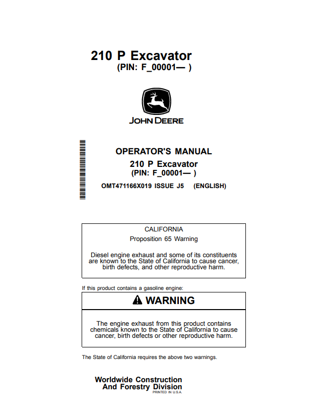 JOHN DEERE 210 P EXCAVATOR OPERATOR MANUAL OMT471166X019