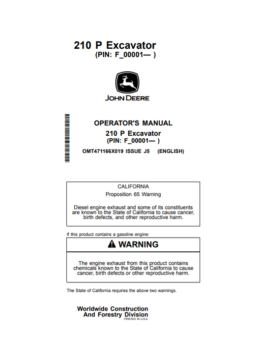 JOHN DEERE 210 P EXCAVATOR OPERATOR MANUAL OMT471166X019