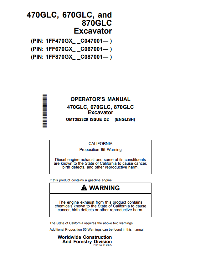 JOHN DEERE 470GLC, 670GLC, AND 870GLC EXCAVATOR OPERATOR MANUAL OMT352329