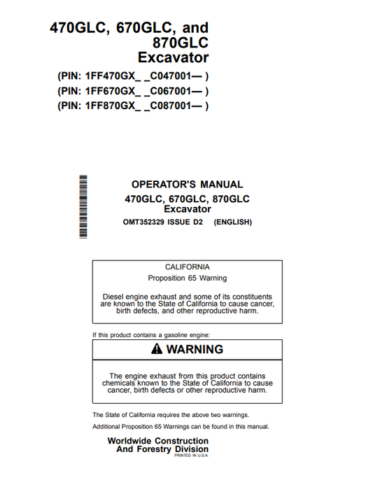 JOHN DEERE 470GLC, 670GLC, AND 870GLC EXCAVATOR OPERATOR MANUAL OMT352329