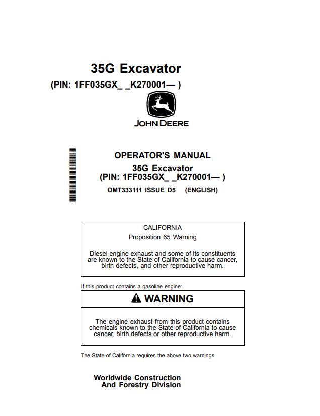 JOHN DEERE 35G EXCAVATOR OPERATOR MANUAL OMT333111