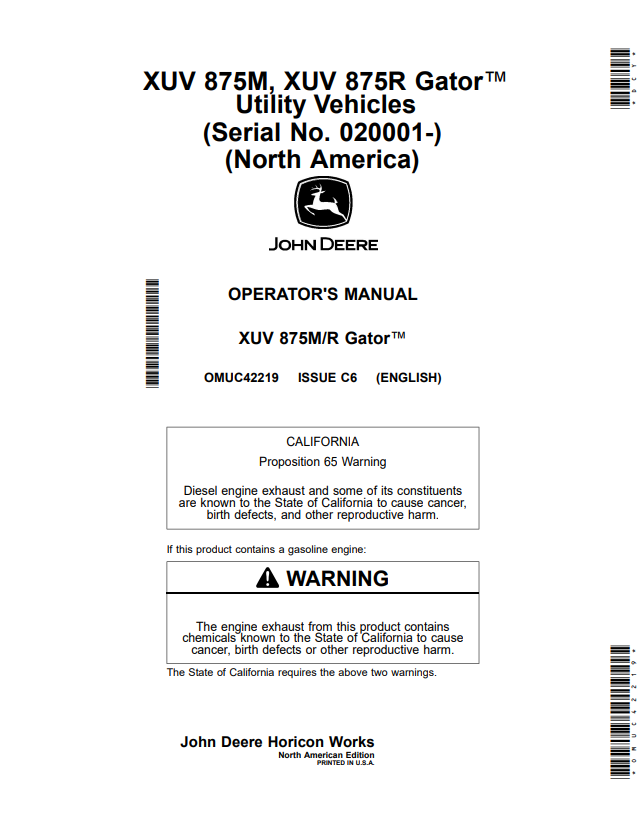 JOHN DEERE XUV 875M, XUV 875R GATOR™ UTILITY VEHICLES OPERATOR MANUAL OMUC42219
