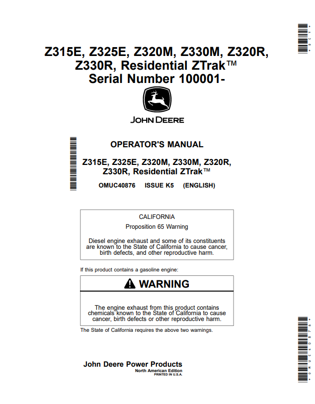 JOHN DEERE Z315E, Z325E, Z320M, Z330M, Z320R, Z330R, RESIDENTIAL ZTRAK™ OPERATOR MANUAL OMUC40876