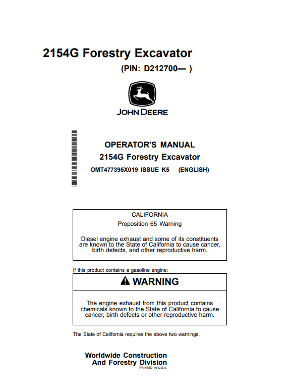 JOHN DEERE 2154G FORESTRY EXCAVATOR OPERATOR MANUAL OMT477395X019