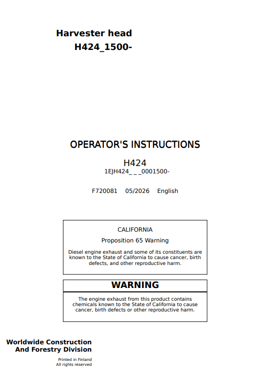 JOHN DEERE H424 HARVESTER HEAD OPERATOR INSTRUCTION MANUAL F720081