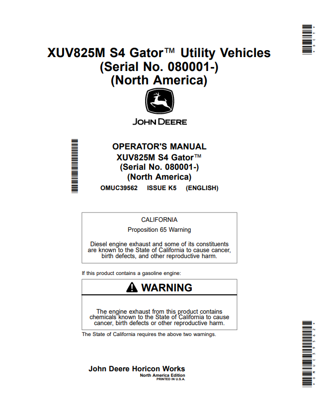 JOHN DEERE XUV825M S4 GATOR™ UTILITY VEHICLES OPERATOR MANUAL OMUC39562