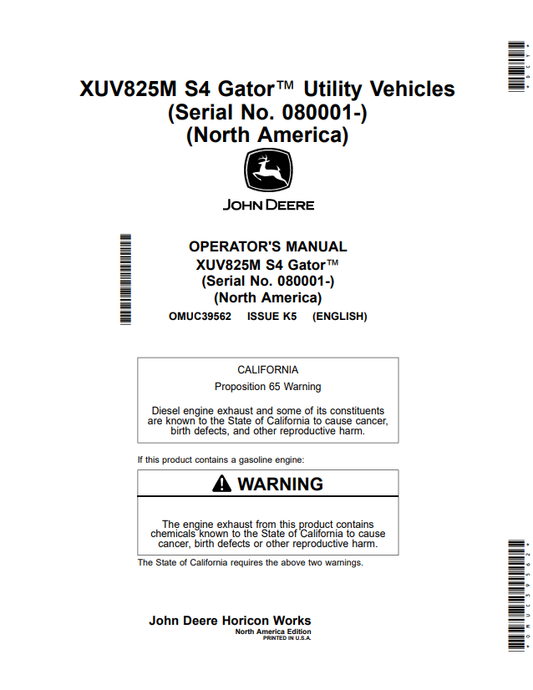 JOHN DEERE XUV825M S4 GATOR™ UTILITY VEHICLES OPERATOR MANUAL OMUC39562