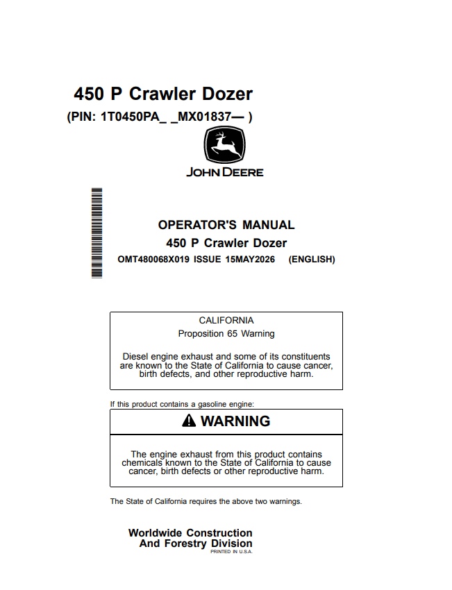 JOHN DEERE 450 P CRAWLER DOZER OPERATOR MANUAL OMT480068X019