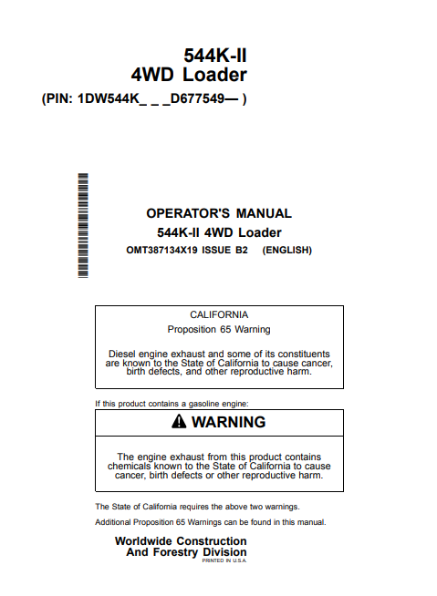 JOHN DEERE 524K-II 4WD LOADER OPERATOR MANUAL OMT387134X19