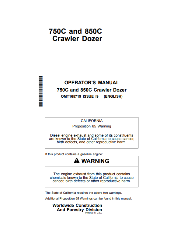 JOHN DEERE 750C AND 850C CRAWLER DOZER OPERATOR MANUAL OMT165719